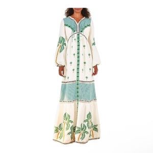 Farm Rio Palm Tree Embroidered Long Sleeve Dress. Sz M